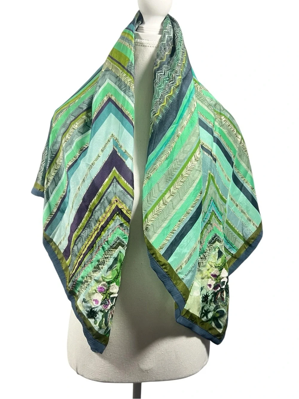 AlL amet & ladoue Silk Scarf Green and Blue Stripes and Floral Embroidery